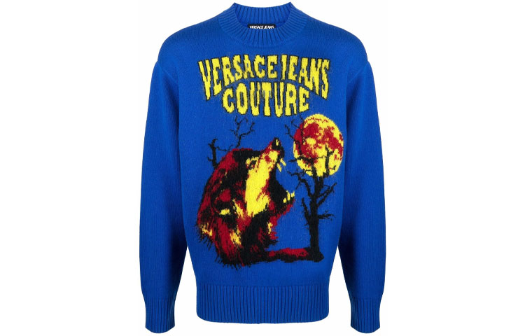 Order 베르사체 진스 쿠튀르 블루 울 스웨터 패턴 크루넥. 71GAF815C-M08NOD7