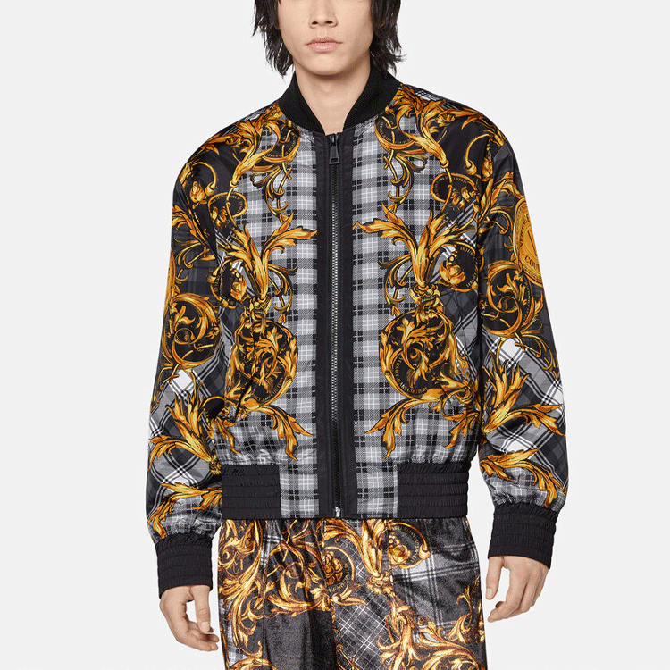 Shop VERSACE JEANS COUTURE FW21 Baroque Print Bomber Jacket Men’s Black E71GAS421-ECQS06-EG80