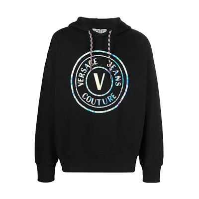 VERSACE JEANS COUTURE FW22 Black Hoodie with Letter Logo Print. 73GAIG07-CF00G-899