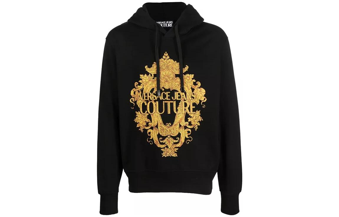 Order VERSACE JEANS COUTURE Hoodie Hitam Pria FW22 Letter Print Drawstring. E73GAIP02-ECF01P-EG89