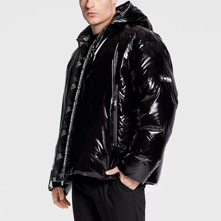 Shop VERSACE JEANS COUTURE FW22 Men’s Glossy Black Zip-Up Hooded Jacket 73GAU418CQS5D899