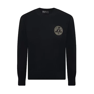 VERSACE JEANS COUTURE FW23 Black Logo Embroidered Crewneck Knit Sweater Men 75GAFM00-CM06H-899