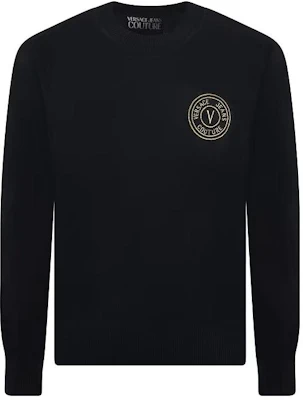 VERSACE JEANS COUTURE FW23 Black Logo Embroidered Crewneck Knit Sweater Men 75GAFM00-CM06H-899 Order VERSACE JEANS COUTURE FW23 Black Logo Embroidered Crewneck Knit Sweater Men 75GAFM00-CM06H-899