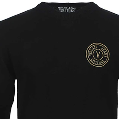 VERSACE JEANS COUTURE FW23 Black Logo Embroidered Crewneck Knit Sweater Men 75GAFM00-CM06H-899 Sizing VERSACE JEANS COUTURE FW23 Black Logo Embroidered Crewneck Knit Sweater Men 75GAFM00-CM06H-899