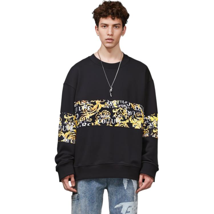 Shop VERSACE JEANS COUTURE FW23 Printed Crewneck Sweatshirt Black Mens Casualwear 74GAI309-FS063-G89