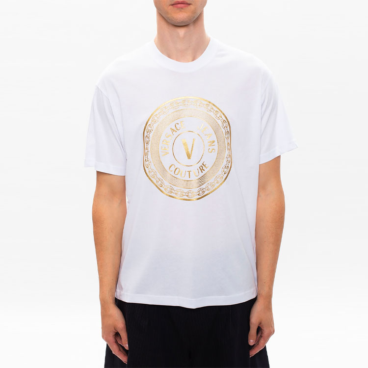 Shop VERSACE JEANS COUTURE Gold Foil V-Print White T-Shirt B3GZA7TK-30319-K41
