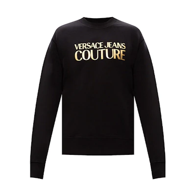 VERSACE JEANS COUTURE Gold Logo Pullover Sweatshirt Black B7GZA7TQ-30318-K42