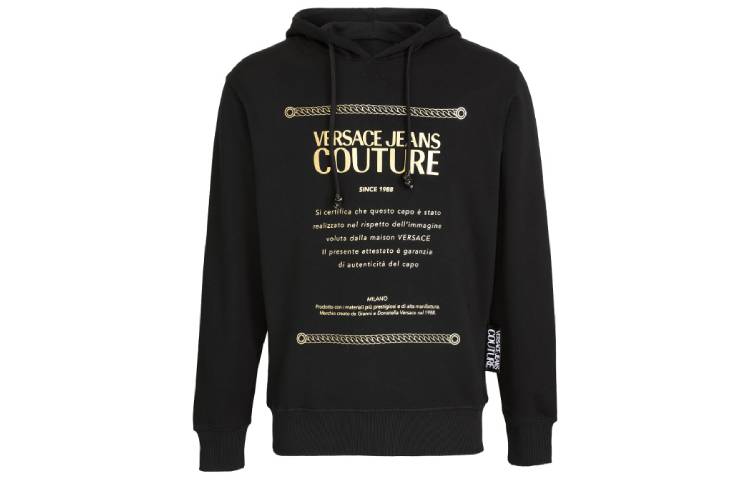 VERSACE JEANS COUTURE Letter Logo Gold-Trim Hoodie Black Mens B7GZA7TP-30318-K42