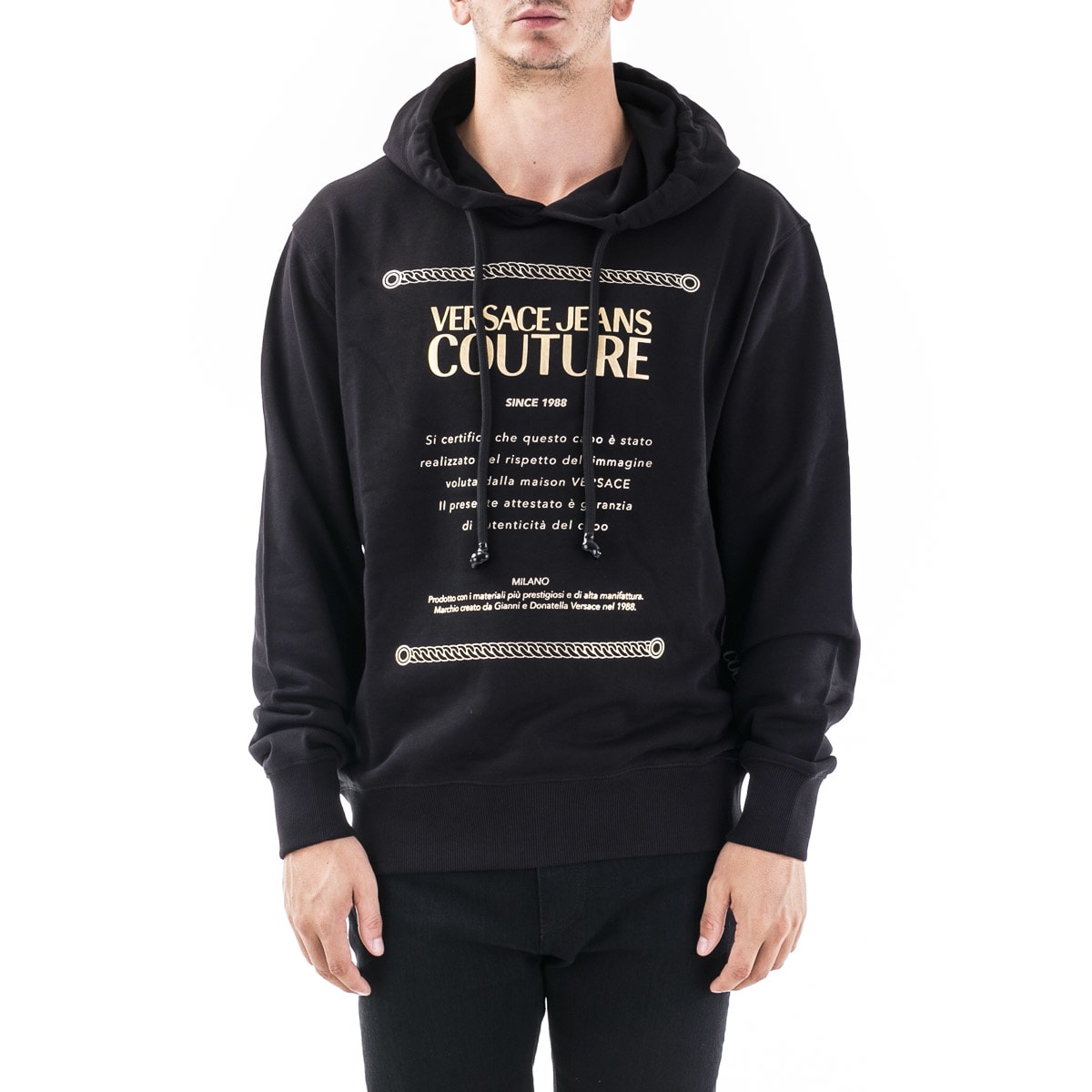 Purchase ヴェルサーチ ジーンズ クチュール レターロゴ ゴールドトリム フーディー ブラック メンズ B7GZA7TP-30318-K42