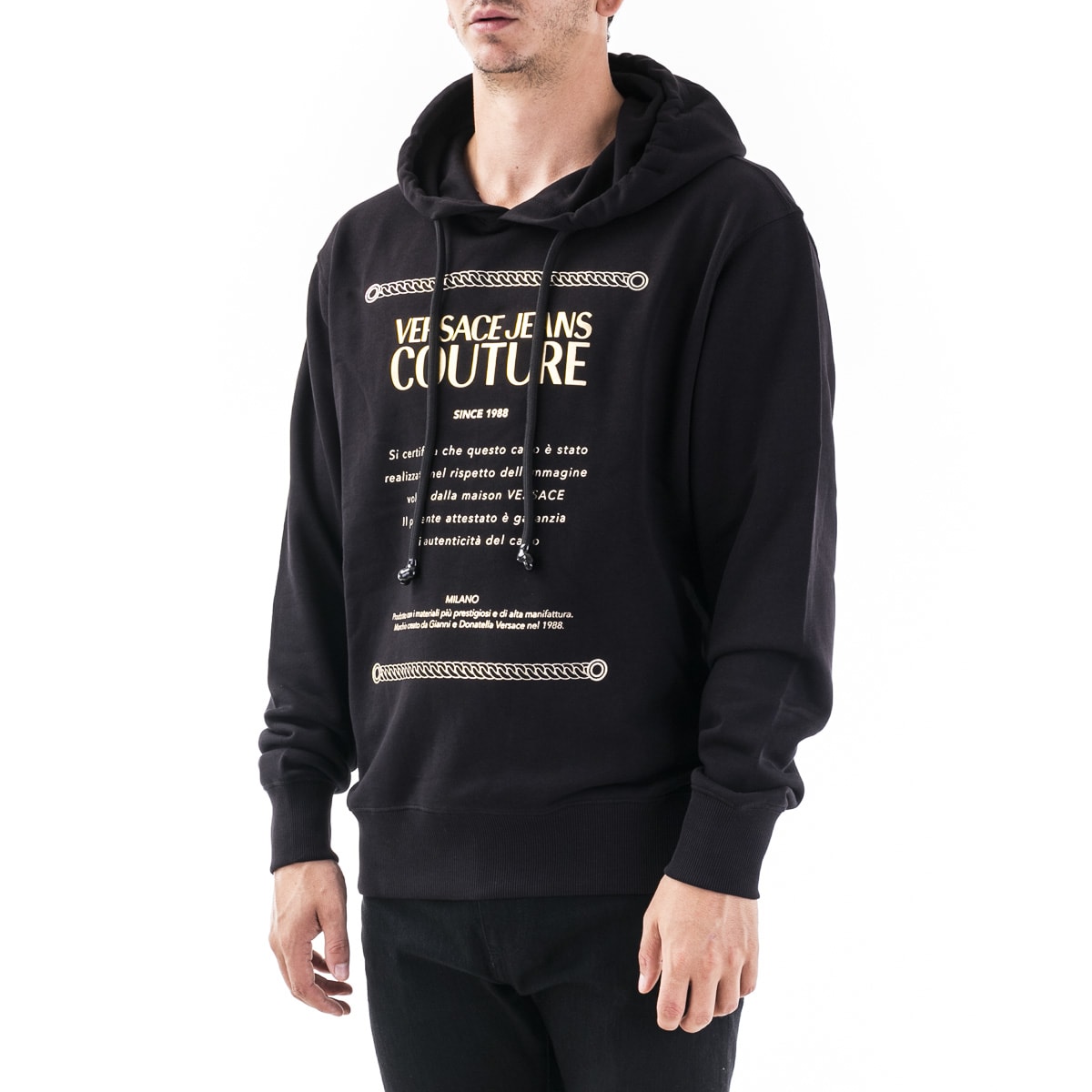 Sizing ヴェルサーチ ジーンズ クチュール レターロゴ ゴールドトリム フーディー ブラック メンズ B7GZA7TP-30318-K42