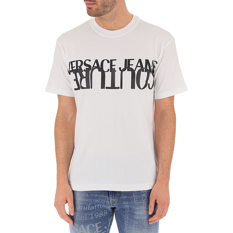 Shop VERSACE JEANS COUTURE Letter Print Crewneck Tee White Gift Recommended B3GZA7KB-30327-003
