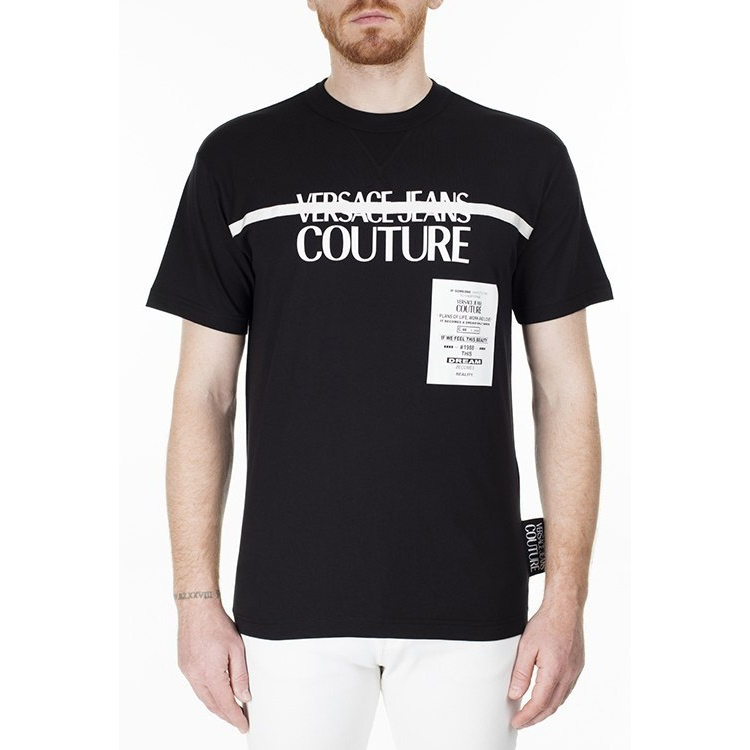 Shop VERSACE JEANS COUTURE Logo Print Crewneck T-Shirt Black Gift Option B3GVB7TF-30319-899