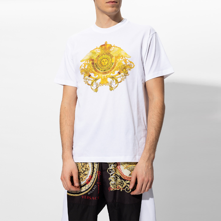 Shop VERSACE JEANS COUTURE Printed Cotton Crewneck T-Shirt White Gift Idea B3GWA750-30454-003