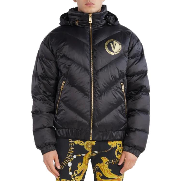 Purchase 베르사체 진스 꾸뛰르 퀼팅 로고 패치 집업 패딩 자켓 블랙 75GAUD05-CQN6D-899