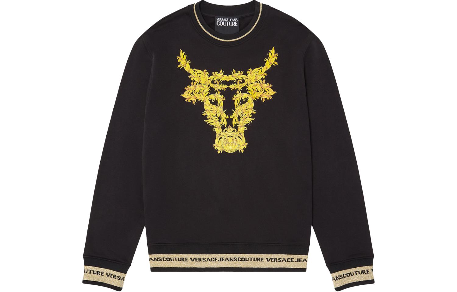 VERSACE JEANS COUTURE SS21 Bull Print Long Sleeve Cotton Sweatshirt Black . B7GWA7TV-30318-K42