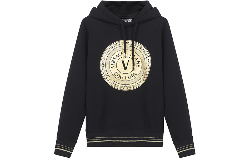 Versace Jeans Couture SS21 Gold Logo Printed Hoodie Black B7GWA7TX-30318-K42