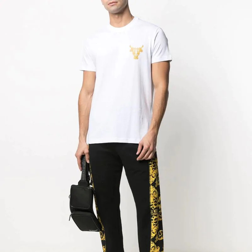 Shop VERSACE JEANS COUTURE SS21 White Bull Print Crewneck T-Shirt B3GWA7TH-30319-K41
