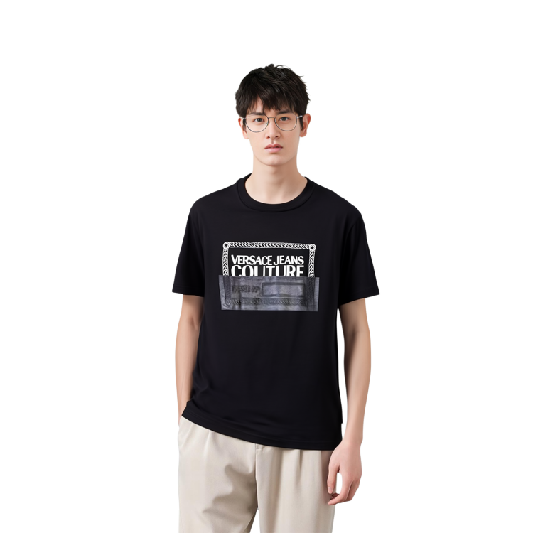 Purchase VERSACE JEANS COUTURE SS22  Black Letter Print Crewneck T-Shirt. 72GAHP03-CJ00P-899