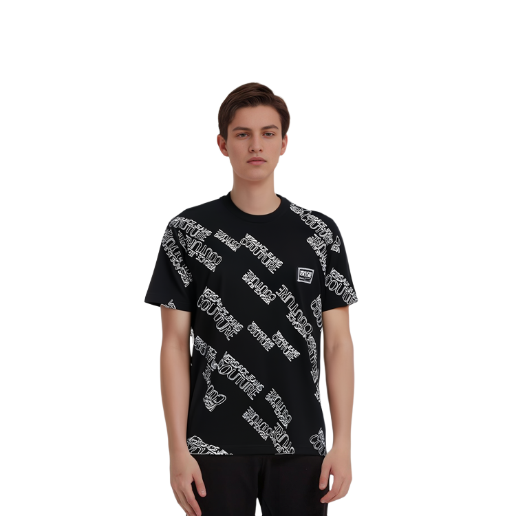 Sizing VERSACE JEANS COUTURE SS22 Baju-T Cetakan Logo Hitam Lelaki yang Berfesyen 72GAH6R3-JS043-899