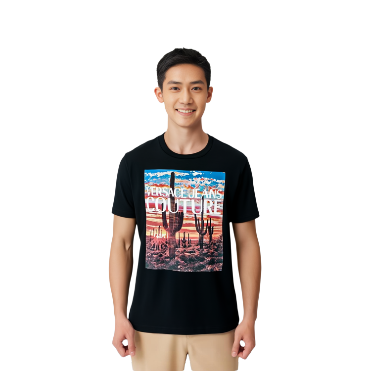 Purchase VERSACE JEANS COUTURE SS22 Alphabet Print Black T-Shirt  Fashion. E72GAHP11-ECJWAP-899