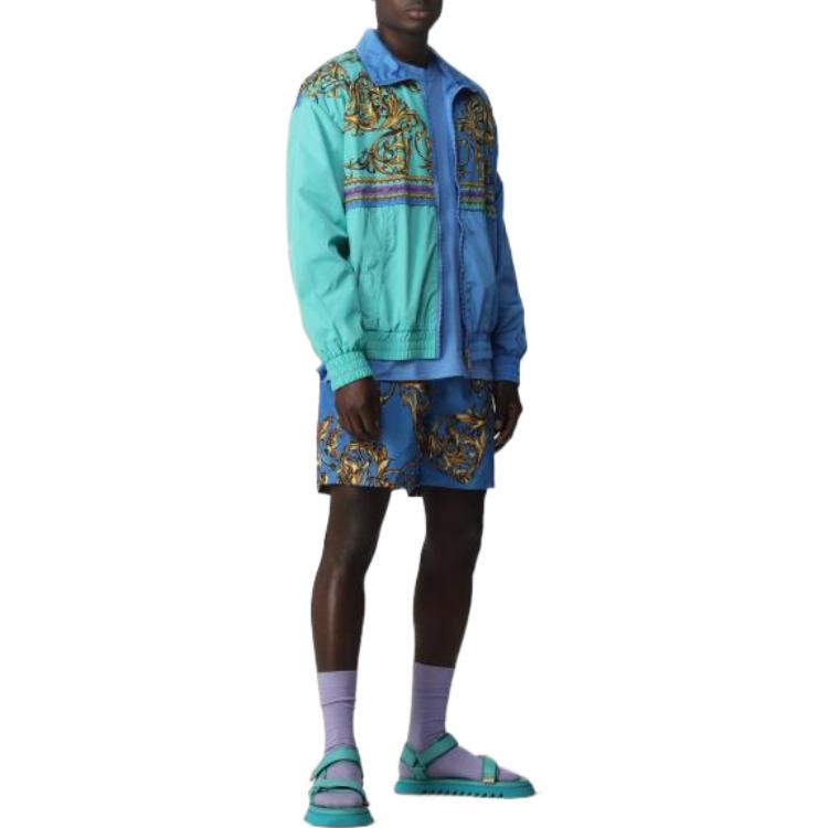 Shop 范思哲牛仔Couture SS22巴洛克印花男士蓝色拉链夹克 A035685X000-BLUE