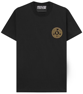 ヴェルサーチ ジーンズクチュール SS22 ブラック Vロゴ刺繍入りクルーネックTシャツ メンズ 72GAHT04-72UP600-G89 Order ヴェルサーチ ジーンズクチュール SS22 ブラック Vロゴ刺繍入りクルーネックTシャツ メンズ 72GAHT04-72UP600-G89