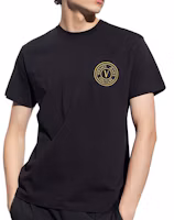 Shop VERSACE JEANS COUTURE SS22 Black Crewneck T-Shirt with V-Logo Embroidery Men 72GAHT04-72UP600-G89