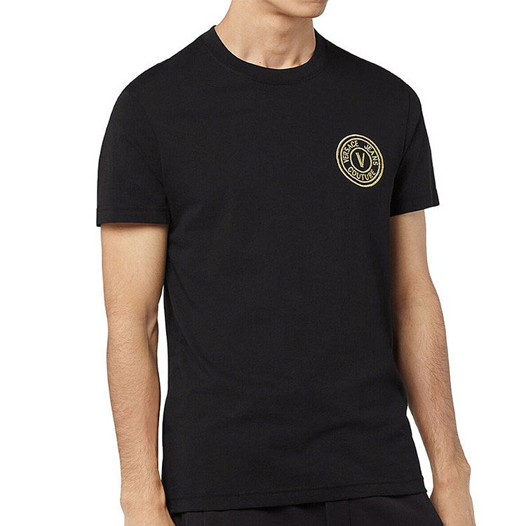 Purchase ヴェルサーチ ジーンズクチュール SS22 ブラック Vロゴ刺繍入りクルーネックTシャツ メンズ 72GAHT04-72UP600-G89