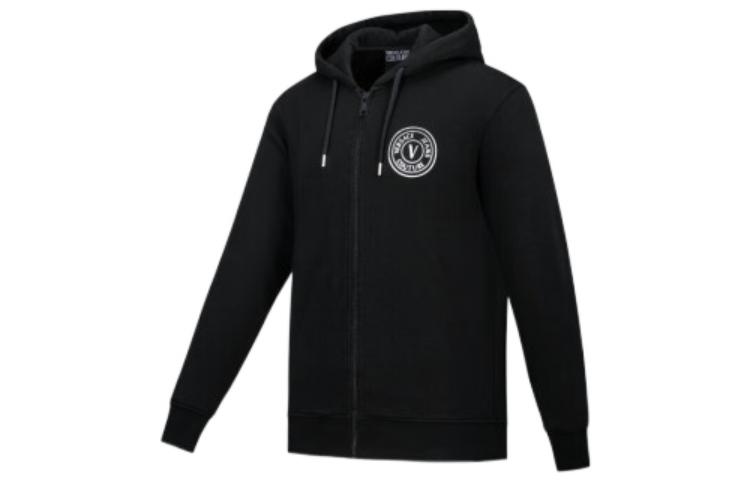 Shop VERSACE JEANS COUTURE SS22 黑色絨裡連帽外套夾克。 73GAIT06-CF00T-C89