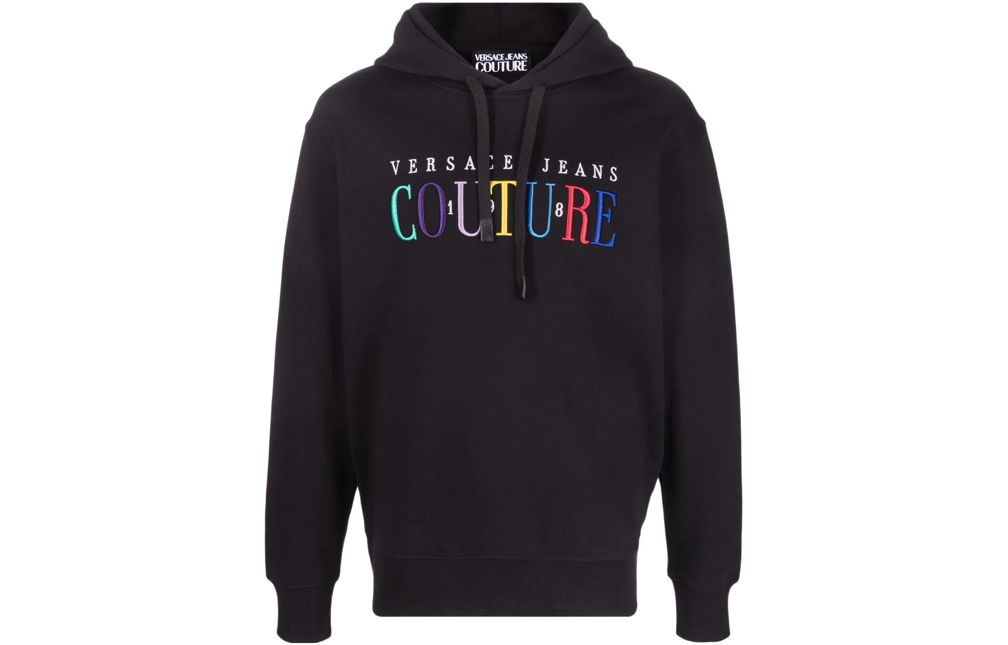 VERSACE JEANS COUTURE SS22 Logo Embroidered Cotton Hoodie Black Mens. 72GAIT0-6CF01T-899