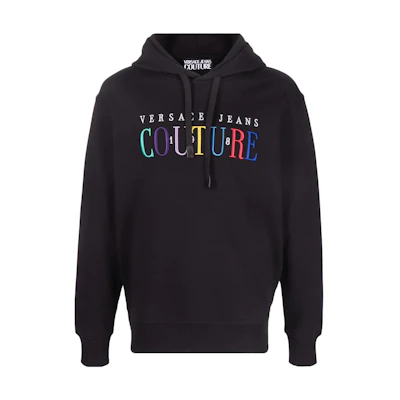VERSACE JEANS COUTURE SS22 Logo Embroidered Cotton Hoodie Black Mens. 72GAIT0-6CF01T-899