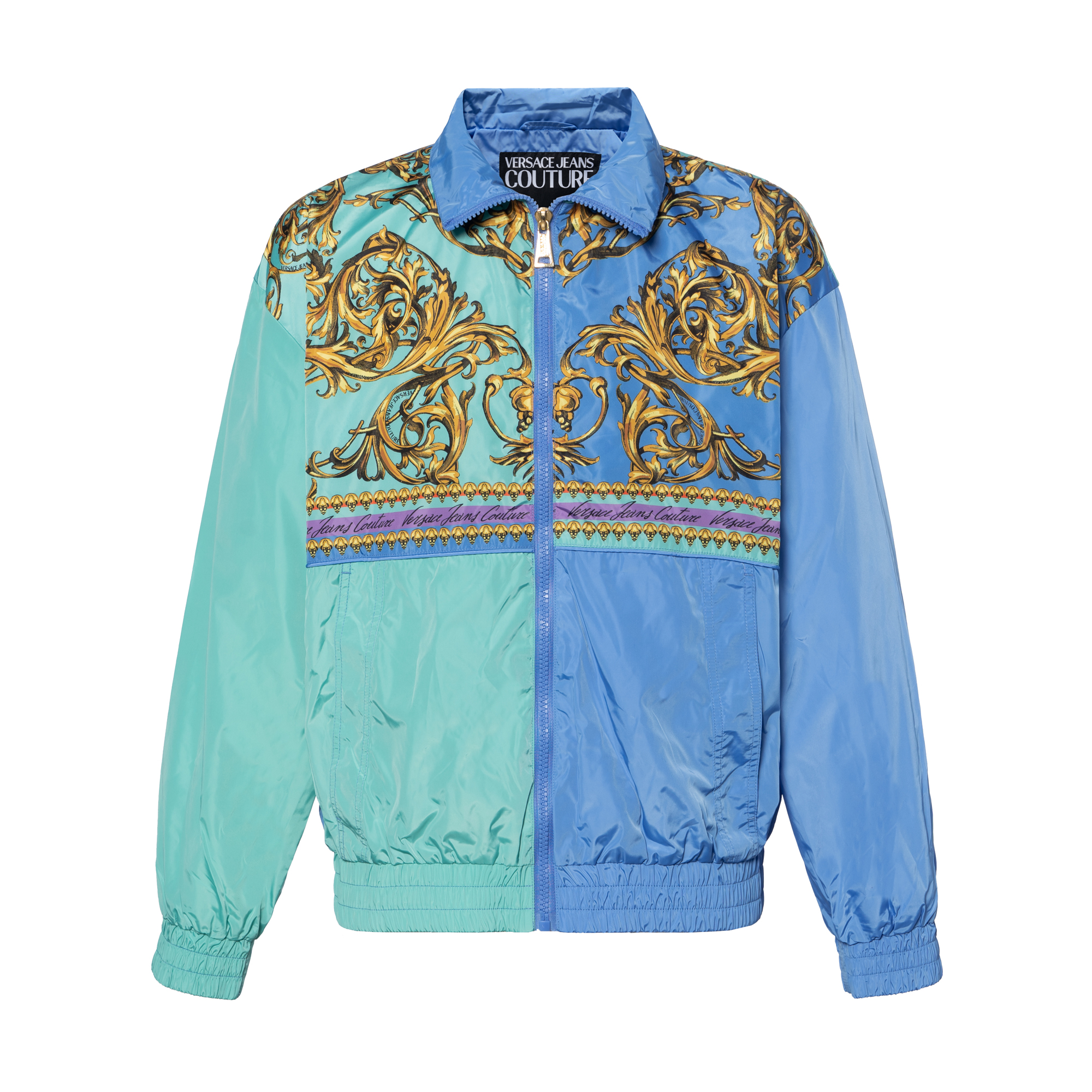 VERSACE JEANS COUTURE SS22 Patchwork Printed Zip Jacket Blue for Men. 72GAS41DCQS28-G12