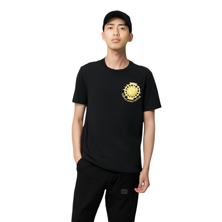 Purchase VERSACE JEANS COUTURE SS22 Sun Print Crewneck Pullover T-Shirt Black . 72GAHT23-CJ00T-899
