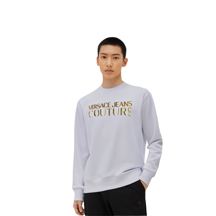 Shop ヴェルサーチ ジーンズ クチュール SS22 ホワイト ゴールド ロゴ スウェット メンズ 72GAIG01-CF01G-G03
