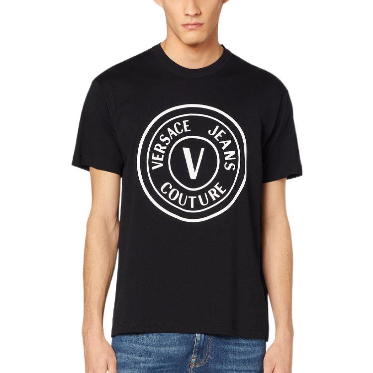 Shop VERSACE JEANS COUTURE SS23  Black Letter Logo Print Short Sleeve T-Shirt E73GAHT28-ECJ00T-E899
