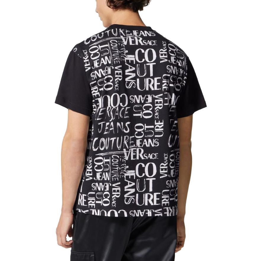 Shop VERSACE JEANS COUTURE SS23  Black Letter Print Crewneck T-Shirt Casual Tee E74GAH6R2-EJS167-E899