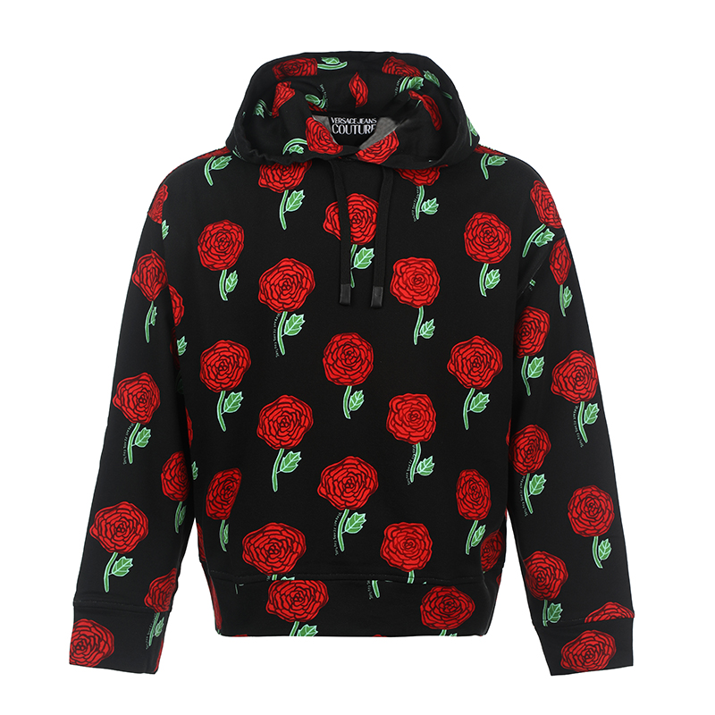 VERSACE JEANS COUTURE SS23  Black Rose Print Drawstring Hoodie 74GAI3C7-FS061-899