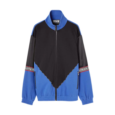 VERSACE JEANS COUTURE SS23 Blue Logo Print High-Neck Jacket. E74GAI306-EF0015-E899