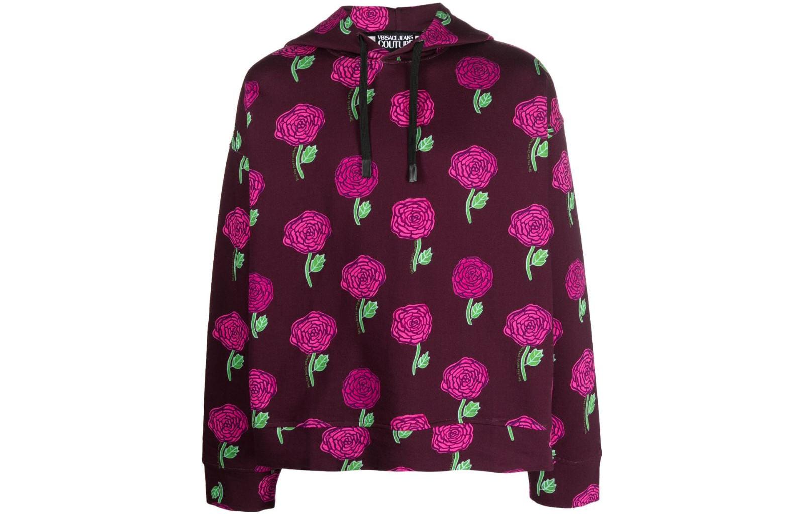 VERSACE JEANS COUTURE SS23  Rose Floral Hoodie Maroon 74GAI3C-7FS061-335