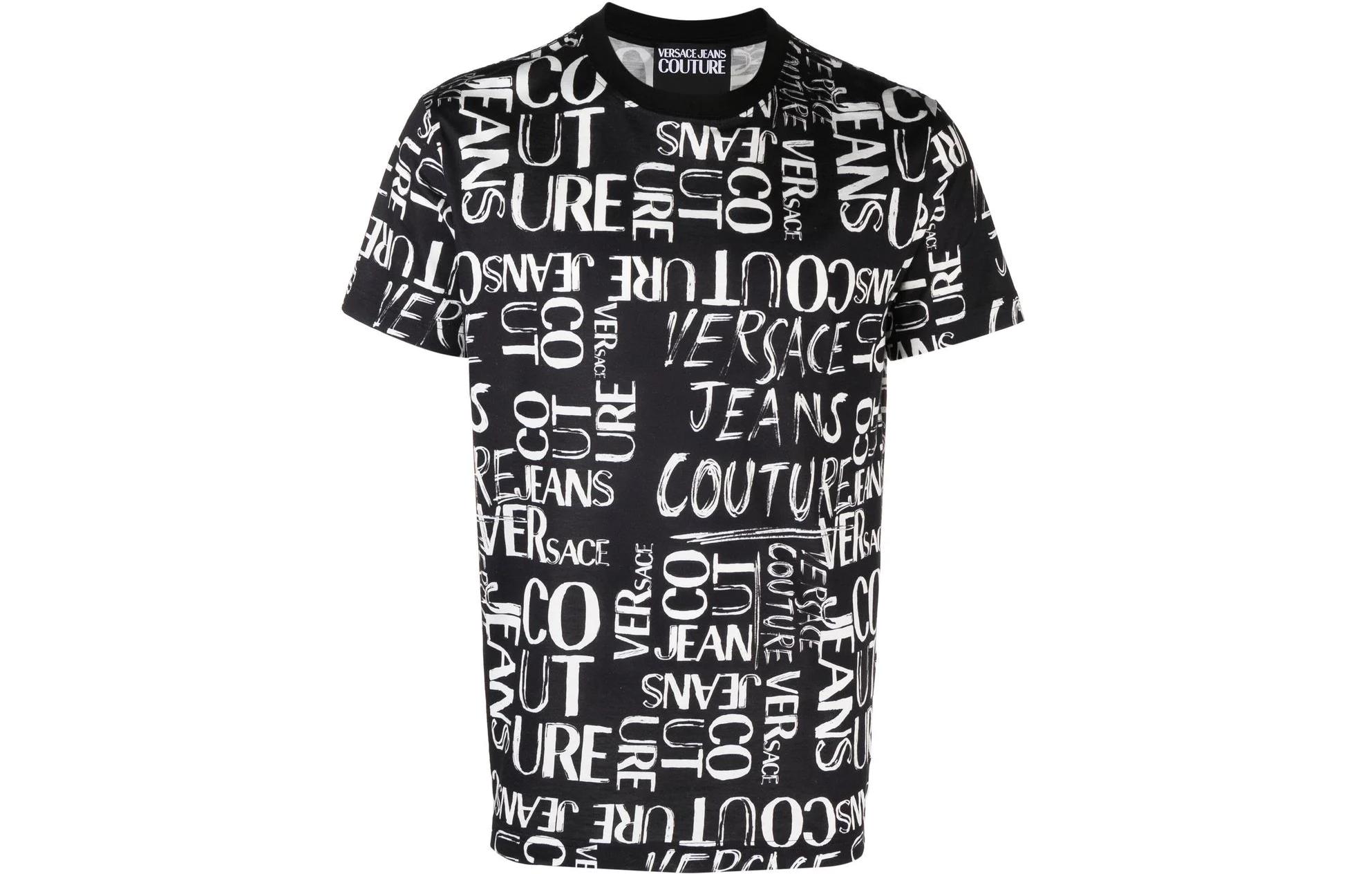 Order ヴェルサーチ ジーンズ クチュール SS23 総ロゴ クルーネックTシャツ ブラック 74GAH6S2-JS167-899