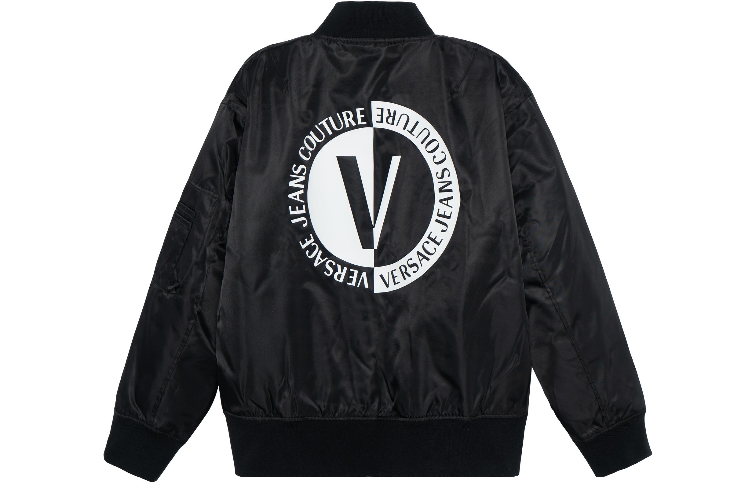 VERSACE JEANS COUTURE SS23 Logo Print Black Bomber Jacket Men’s Long Sleeve 74GASD10-CQD20-899