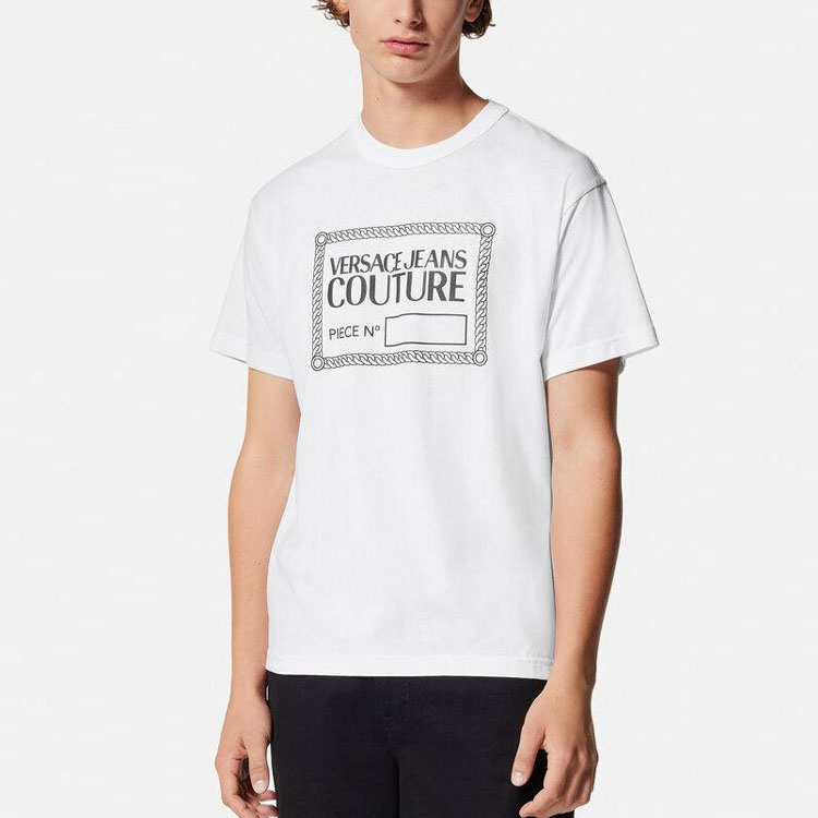 Shop VERSACE JEANS COUTURE SS23 Logo Print Crewneck Short Sleeve T-Shirt Milk White. E74GAHT11-ECJ00O-E003