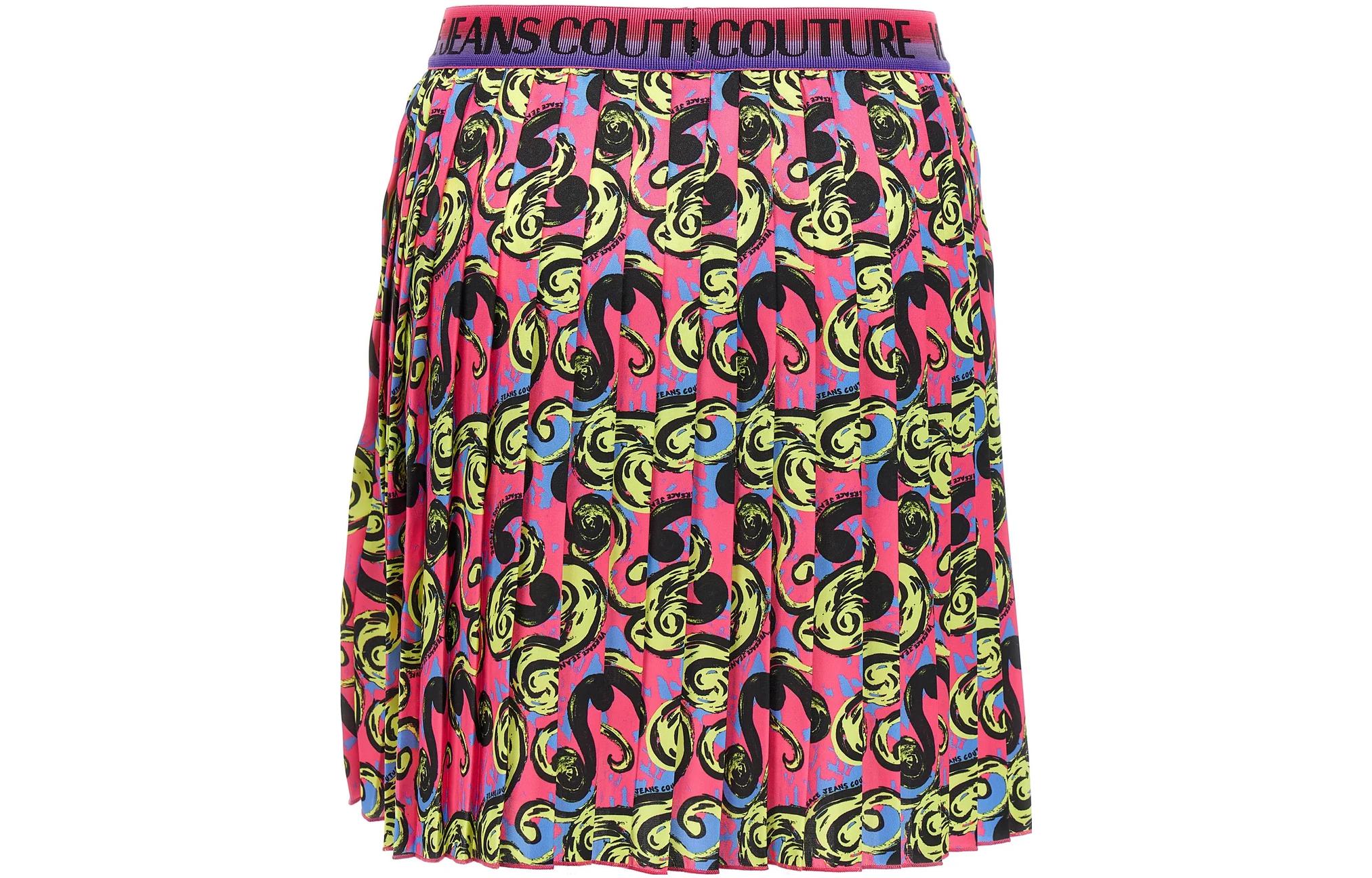 Lookbook 베르사체 진 쿠튀르 SS23 핑크 바로크 프린트 플리츠 미니 스커트. 74HAE820-NS223-406