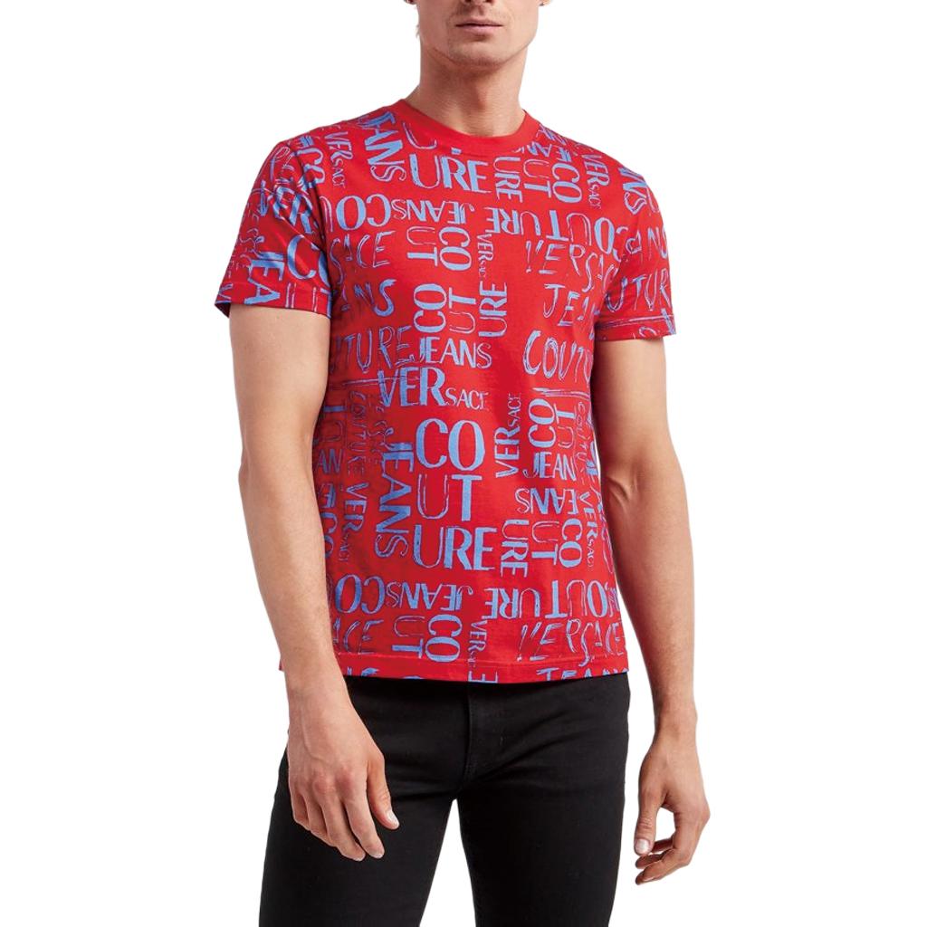 Shop VERSACE JEANS COUTURE SS23 Baju-T Lengan Pendek Logo Merah Lelaki 74GAH6S2-JS167-521