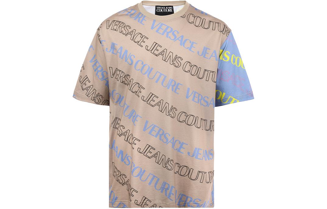 Order ヴェルサーチ ジーンズ クチュール SS24 総柄 ロゴ ルーズ Tシャツ メンズ ライトブラウン 76GAH6L1-JS296-750