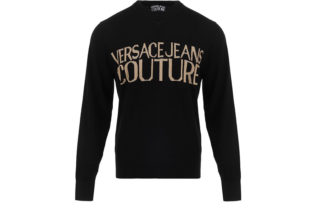 VERSACE JEANS COUTURE SS24 Jacquard Logo Knit Sweater Black  Long Sleeve 76GAFM01-CM06H-K42