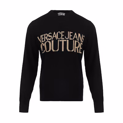 VERSACE JEANS COUTURE SS24 Jacquard Logo Knit Sweater Black Long Sleeve 76GAFM01-CM06H-K42