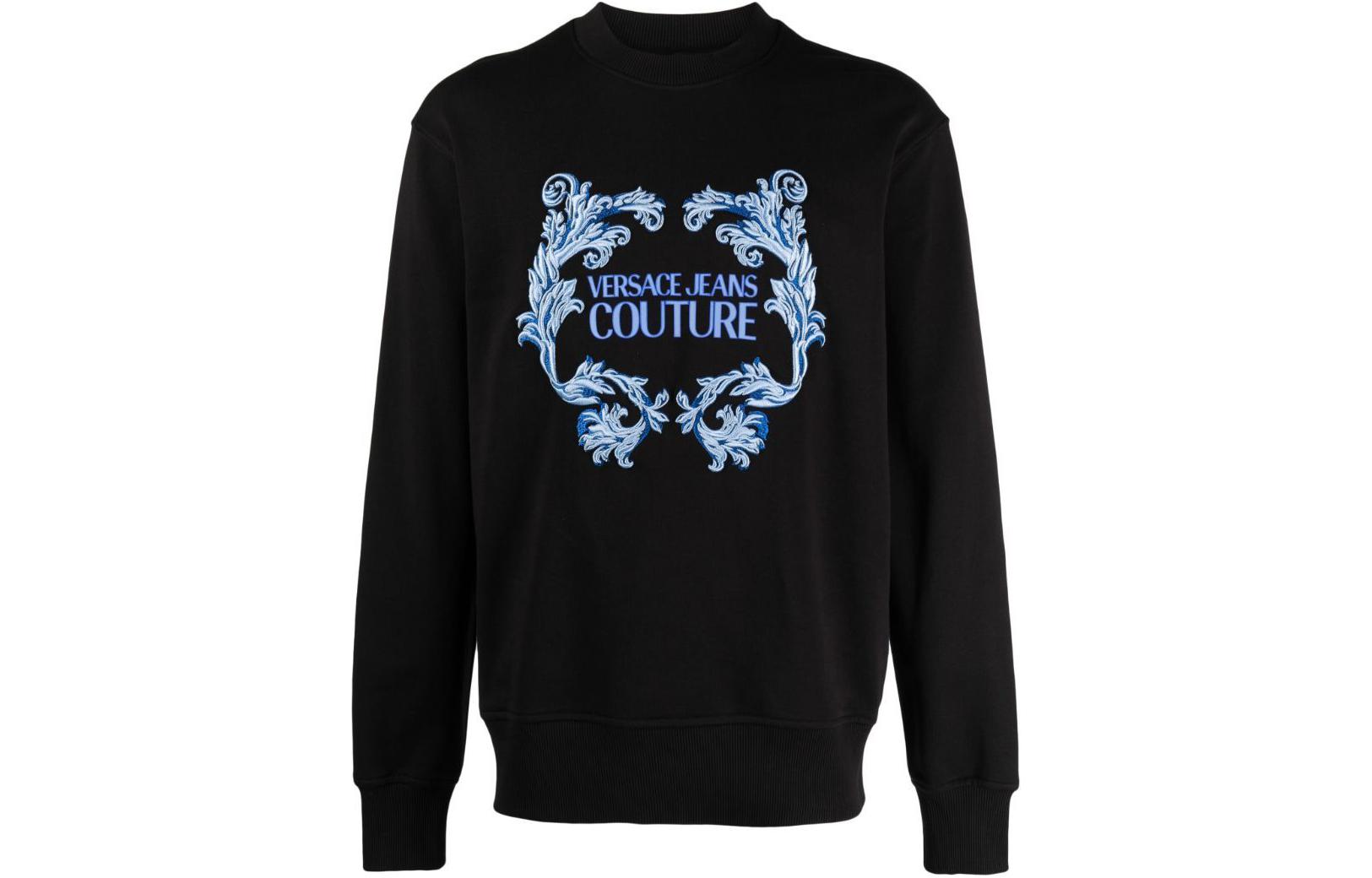 VERSACE JEANS COUTURE SS24 Logo Embroidered Loose Fit Crewneck Sweatshirt Black. 76GAIG02-CF01G-899