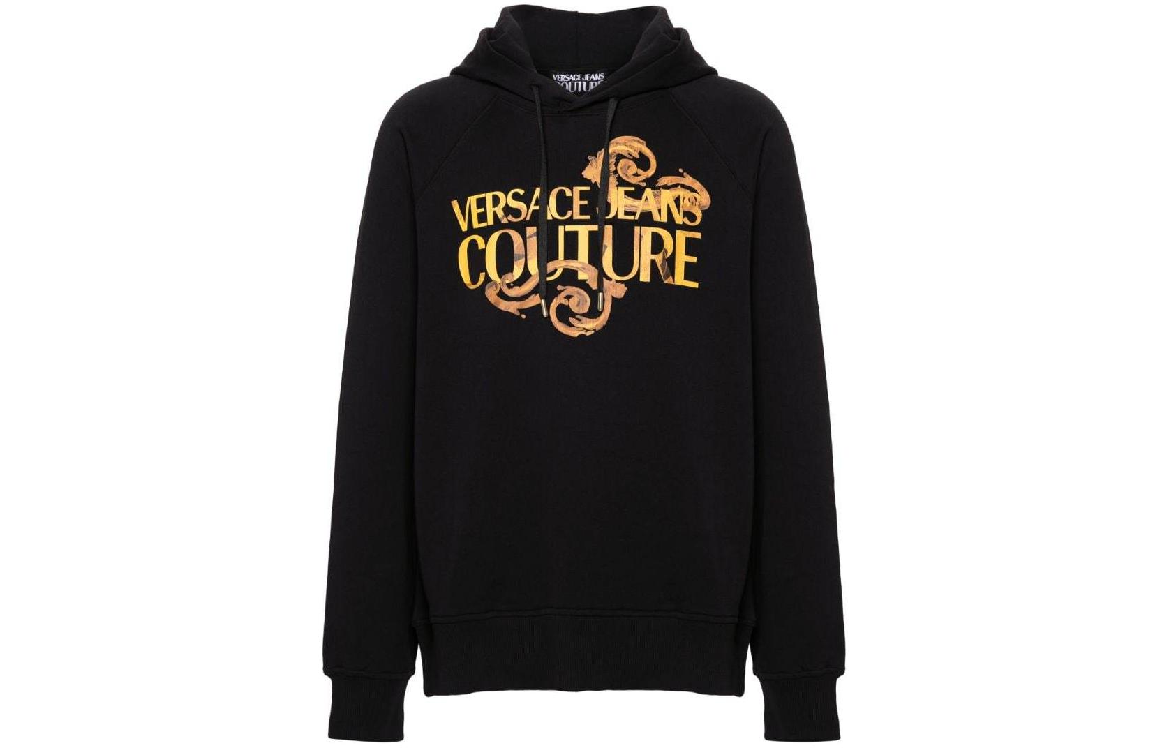 VERSACE JEANS COUTURE SS24 Logo Hoodie  Black Long Sleeve Casual Wear. 76GAIG00-CF01G-G89