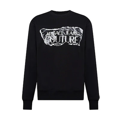 VERSACE JEANS COUTURE SS24 Logo Print Black Crewneck Long Sleeve Sweatshirt Mens 76GAIE03-CF00E-899